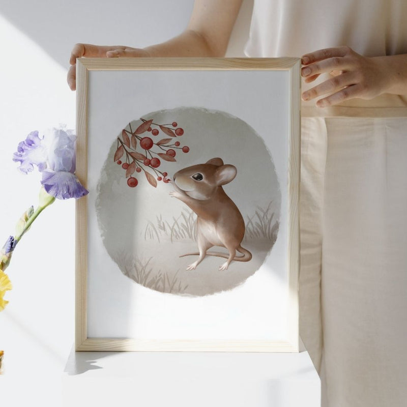 Autumn Illustration of a Cute Mouse Gathering Berries