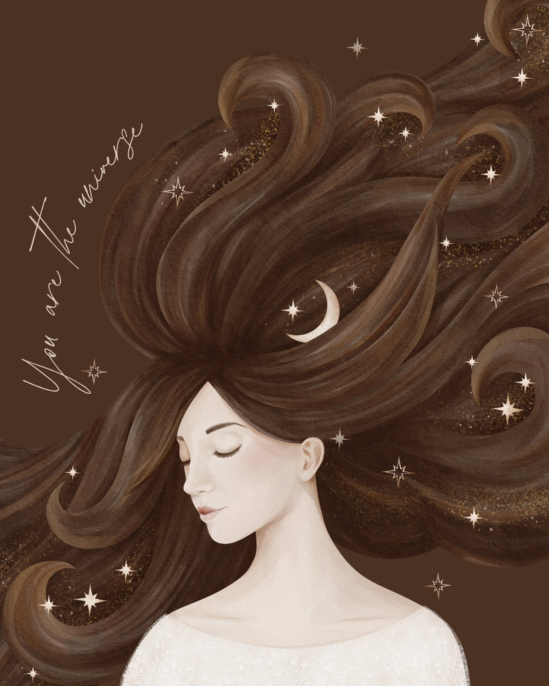 You Are The Universe Illustration of the Woman with Flowing Brown Hair