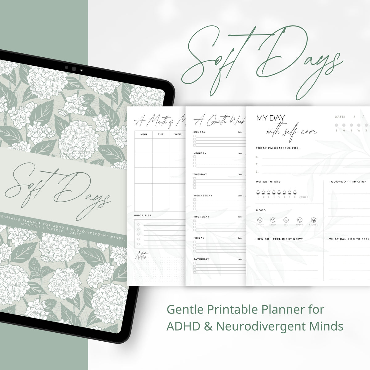 Soft Days | Gentle Printable Planner for ADHD & Neurodivergent Minds, Monthly Weekly Daily PDF