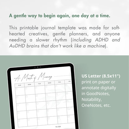 Soft Days | Gentle Printable Planner for ADHD & Neurodivergent Minds, Monthly Weekly Daily PDF